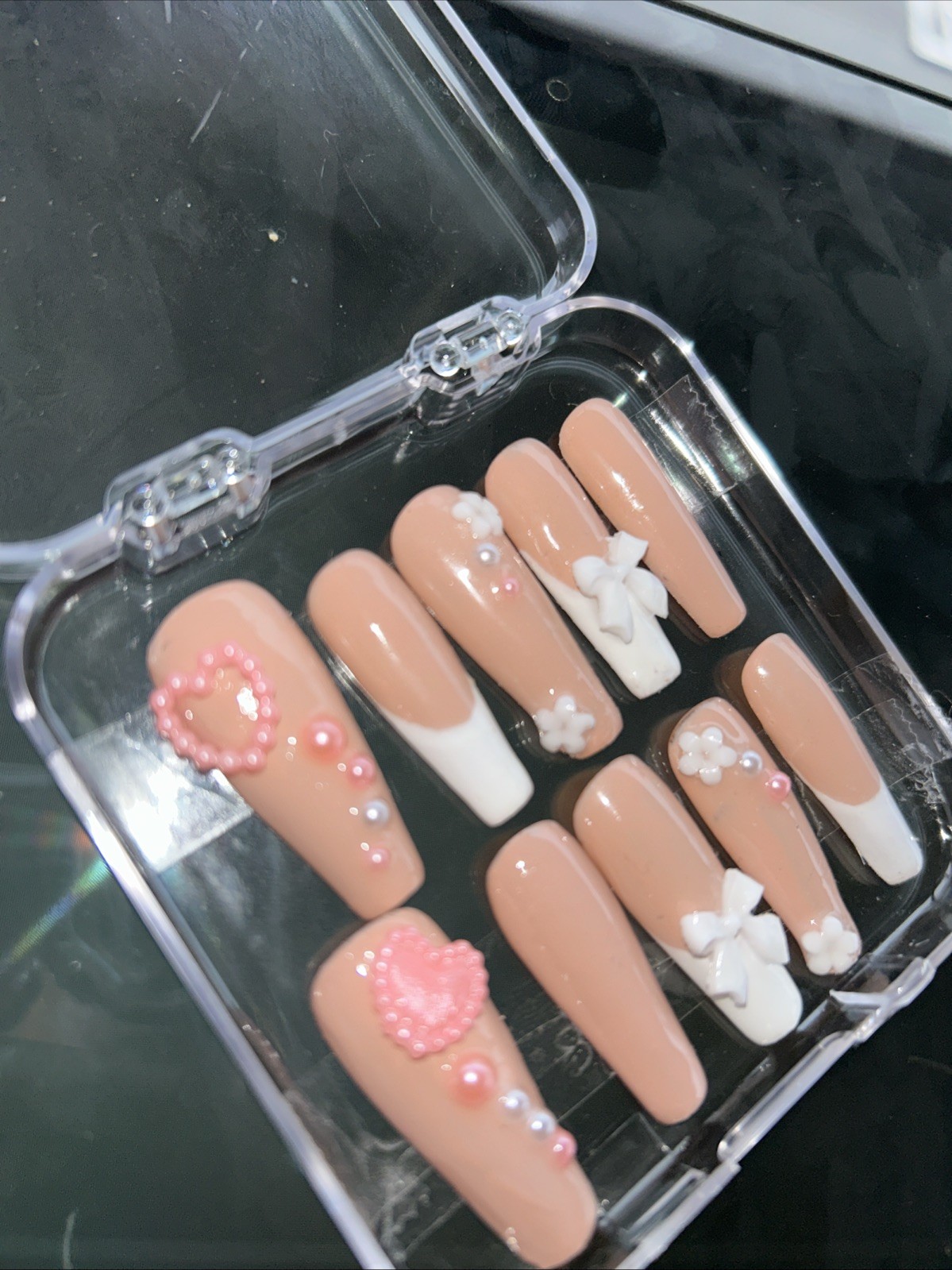 3D 24pcs Pink French Press On Nails Set with Pearls, Flowers, Hearts & Bows