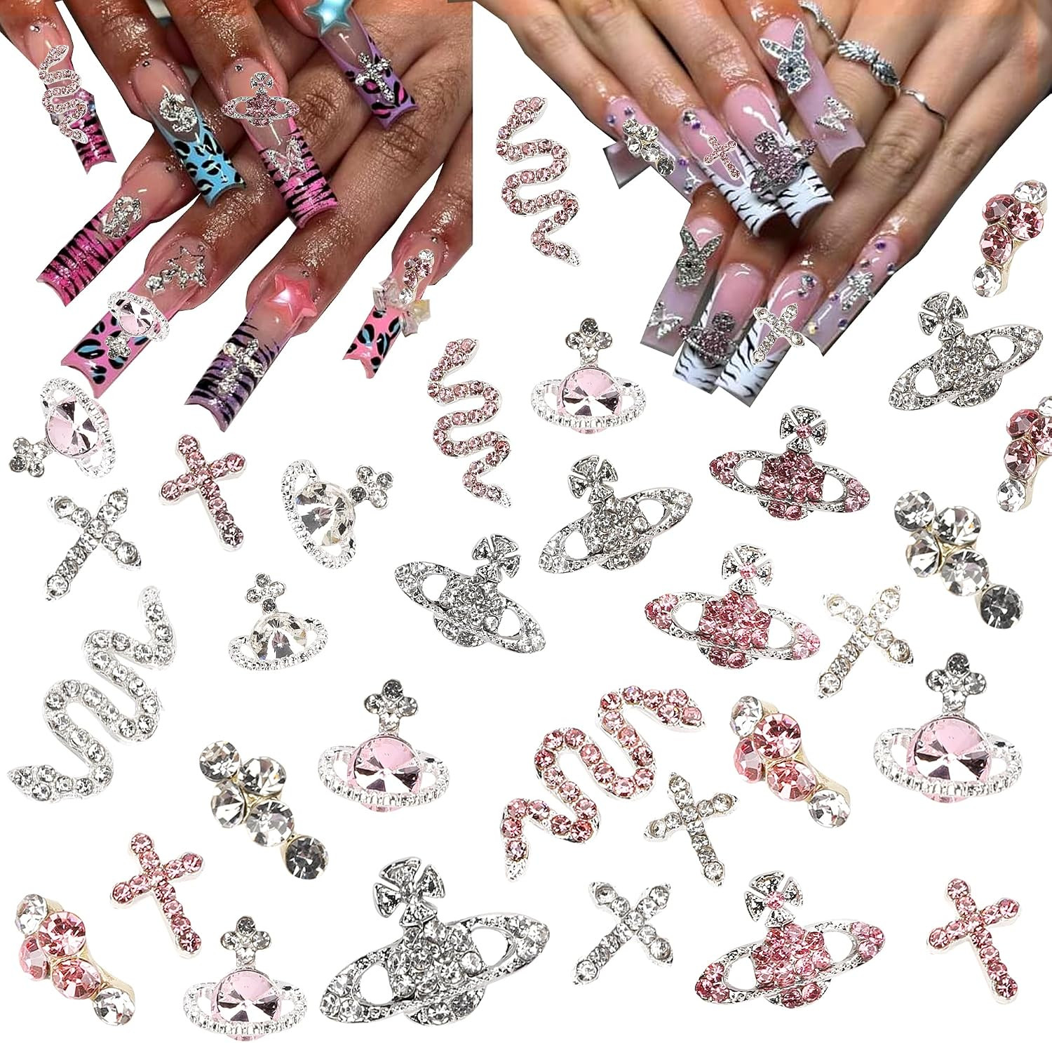 45 Pcs Cherry Nail Charms Rhinestone Red Pink Cherries Nail Art Gems Star Heart