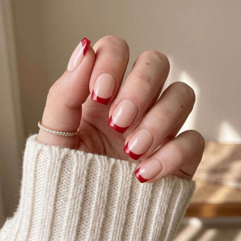 60Pcs-Short Shape Nude Classic Red French Tip Press on Nails Set
