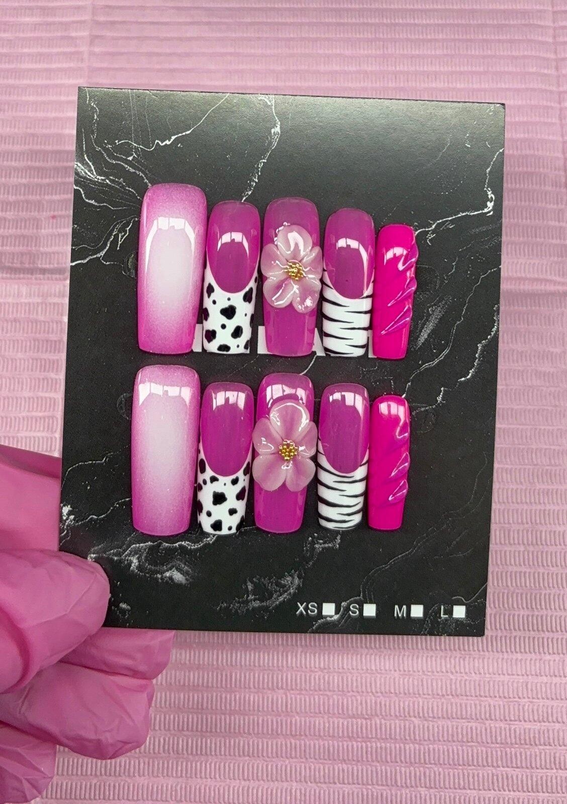 Long square press on nails animal print 3d gel flower aura