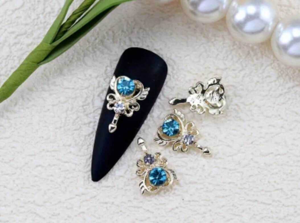 Lot 2 Pkgs 20 Pcs Gold Heart Teal Gem Keys Silver Stars Nautical Nail Art Charms