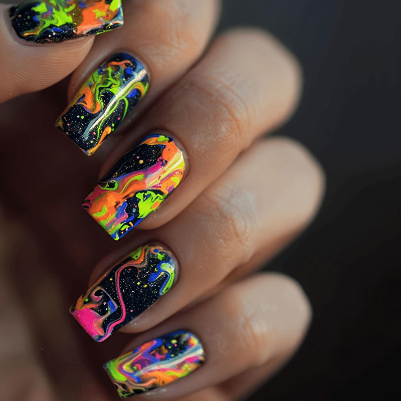 48Pcs-Black Base Square Press on Nails Neon Swirl Marble Glitter Trend Fake Nail