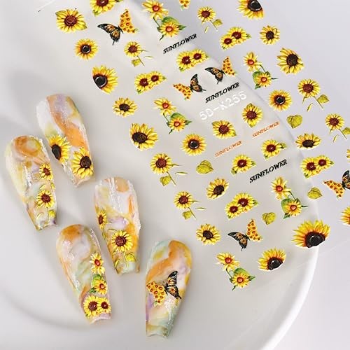 5D Nail Art Stickers Self-Adhesive Flower Decals Engraved Embossed Sunflower