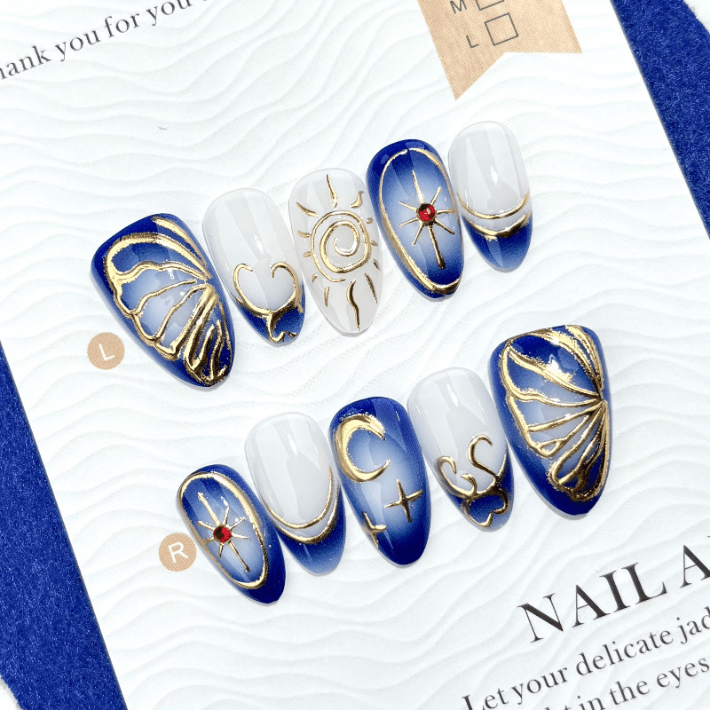 60pcs Almond Press on Nails,Blue White Ombre Gold Line Sun Moon Rhinestone Nails