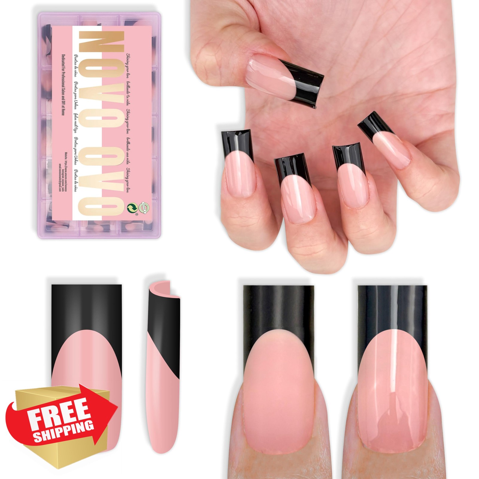 NOVO OVO Black French Tip Soft Gel Nail Tips Square 180pc