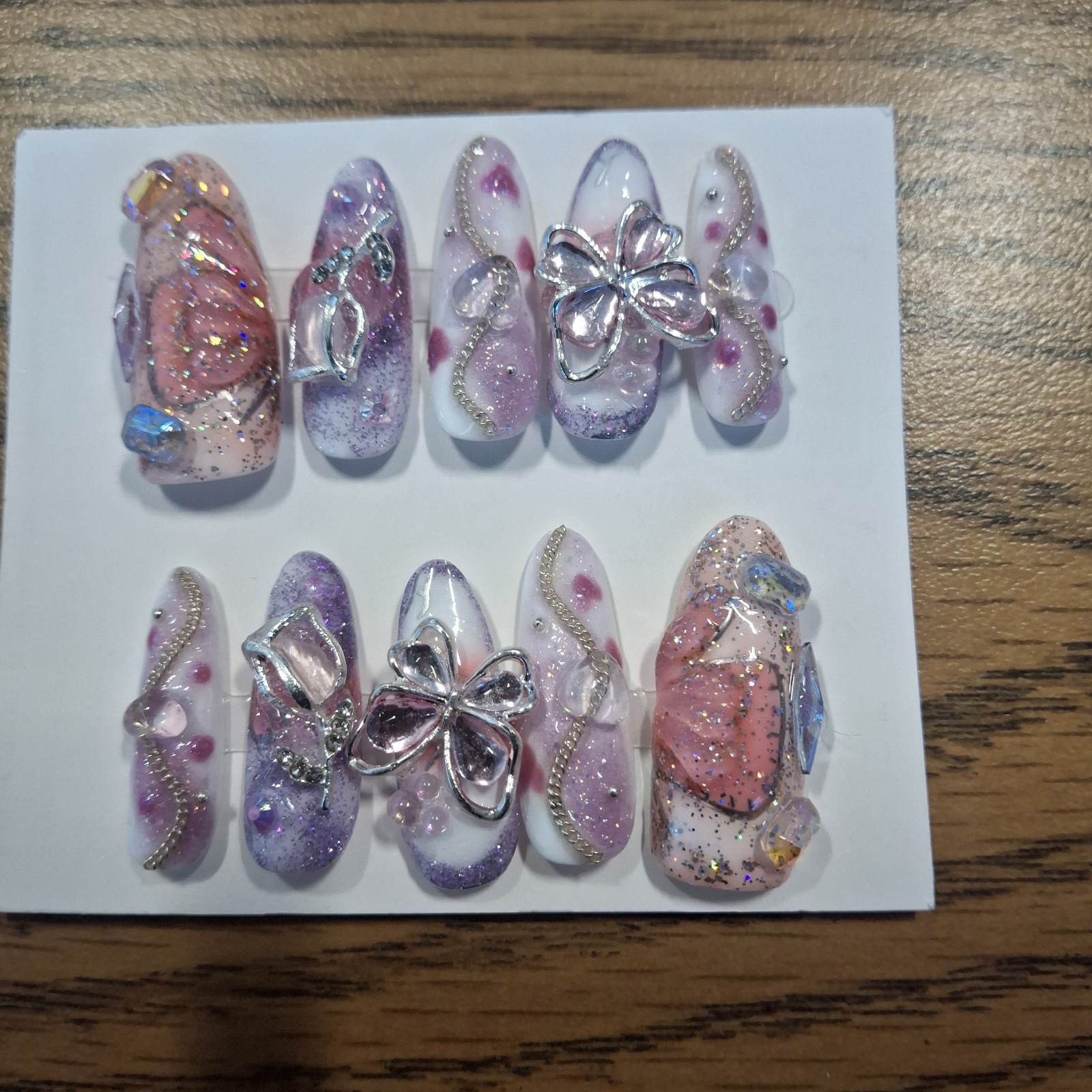 Handmade Custom Medium Press On Butterfly Nails – 3D Charms Pink Purple Silver