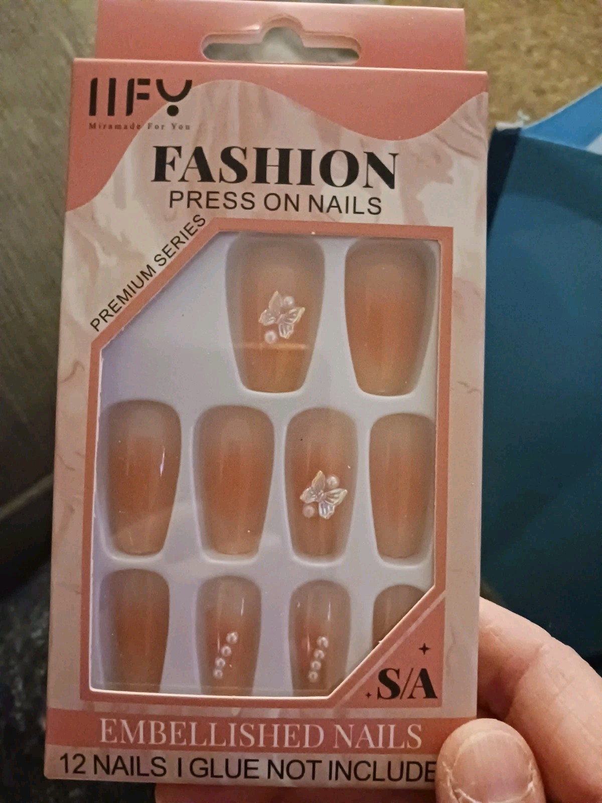 LIFY Press-On Nails Peach White 3D Butterfly Square Full Cover Pre-Designed Set