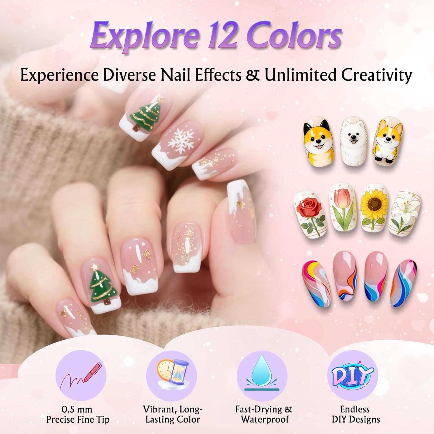 Nail Art Pen Set 12 Colors, 0.5mm Fine Tip, Quick Dry Waterproof Acrylic Paint