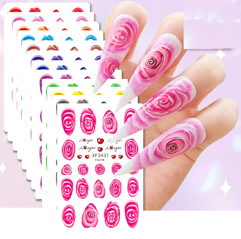 12 Sheets 3D Nail Art Decal Valentine Pink Red Rose Pattern Flower Stickers NH15