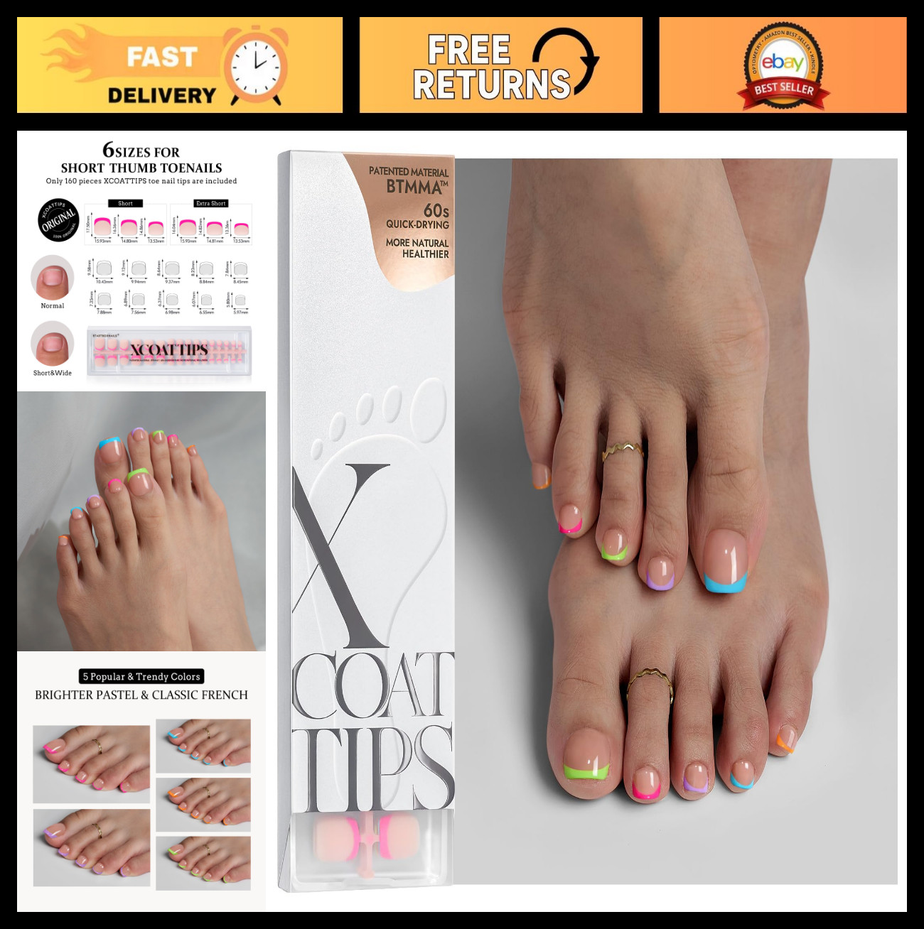 Short Pastel French Tip Press-On Toenails – 160pcs Soft Gel Toe Nail Tips for Wo