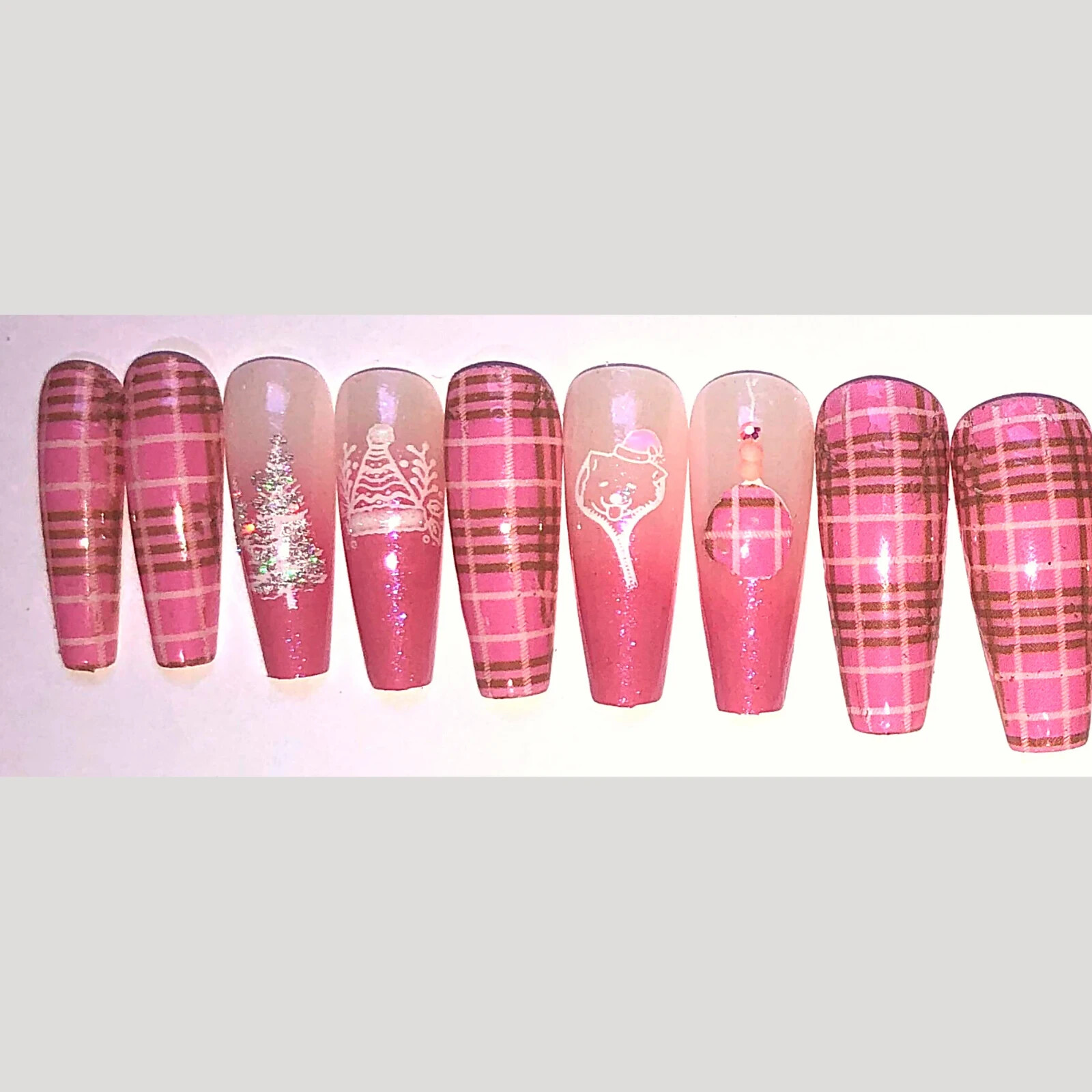 Pink Plaid Press-On Nail Set – Ex-Long Ballerina (Size 0-8)