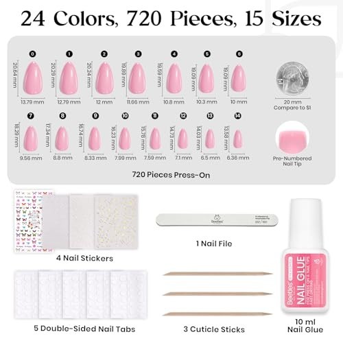 24 Colors Press on Nails Kit – 720 Pcs Short Almond Glossy Matte Glitter, Lightw