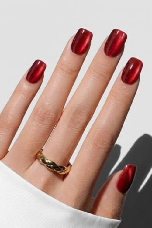 Cat Eye Press On Nails – Short Square Soft Gel False Nails, Glossy French