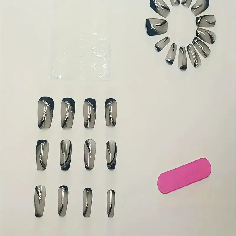 24pcs Short Square Glitter Gradient Press-On Nails Set – Glossy Finish, Black