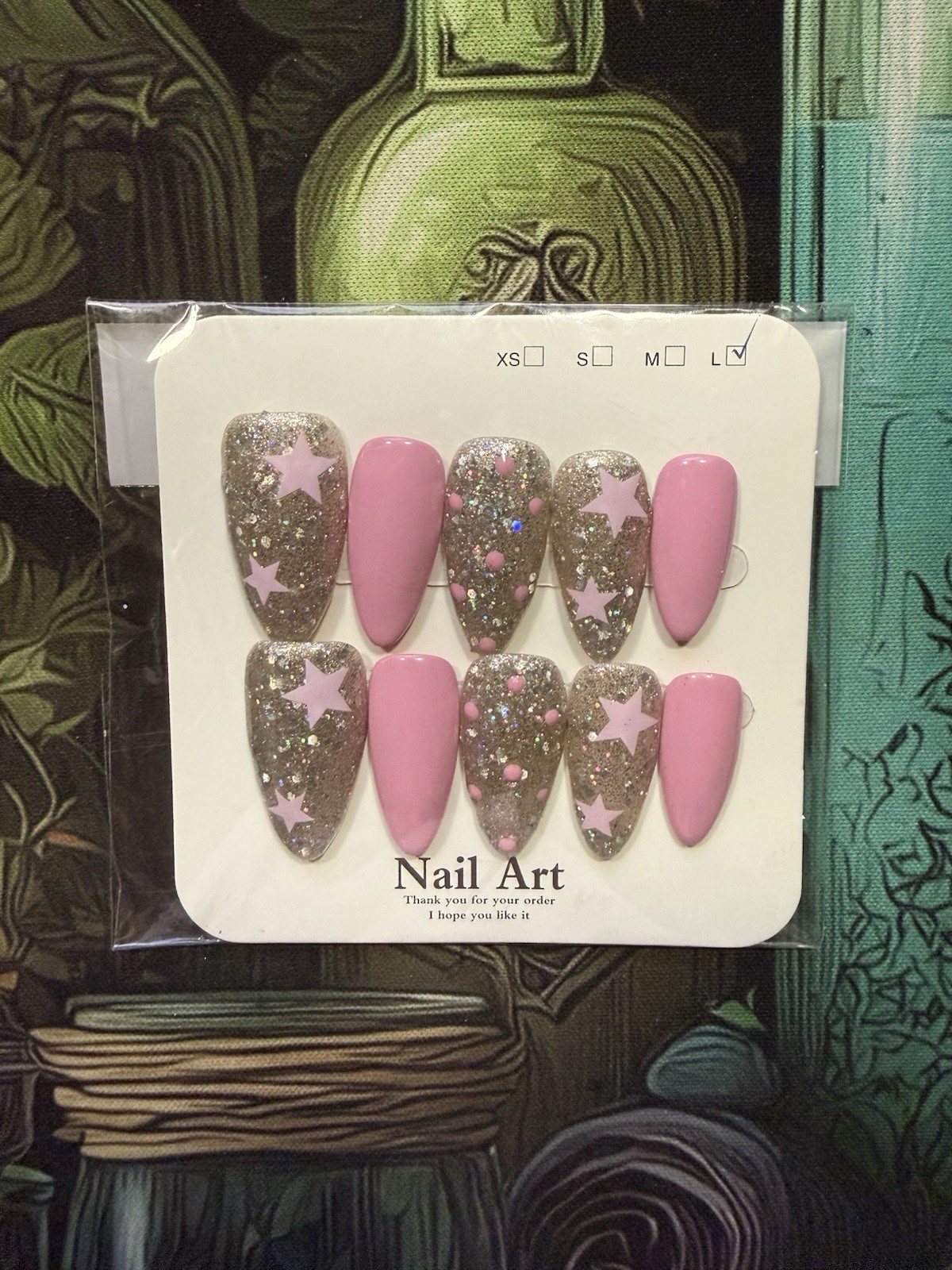 Large Nail Size Press On Nails Soft pink Glitter CatEye Long Length Almond Shape