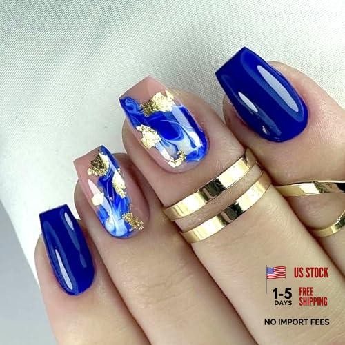 Square Press on Nails Medium – Royal Blue Glue Ons – Ink Design – Gold