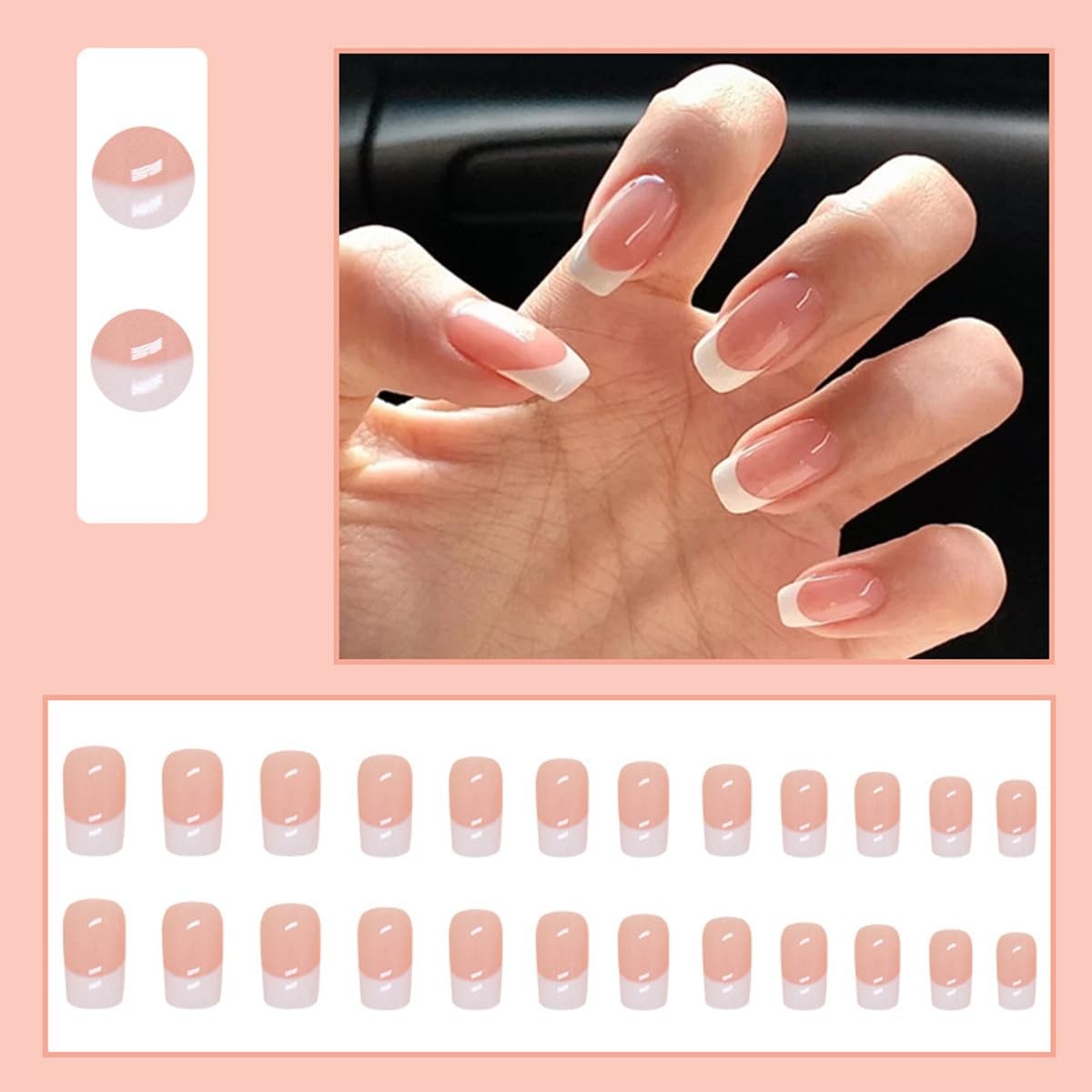 24pcs White French Tip Press on Nails, Pink Medium Square Fake Nails Glue on …