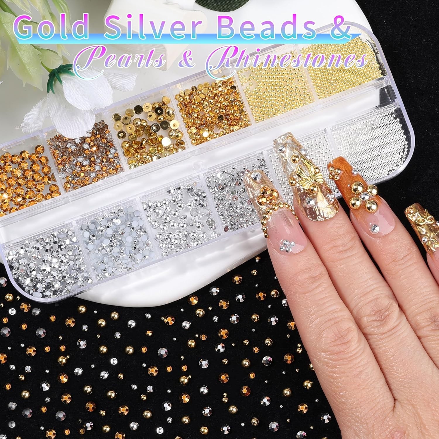Small Round & Star Nail Art Jewels Set with Application Tweezers & Wax Pen