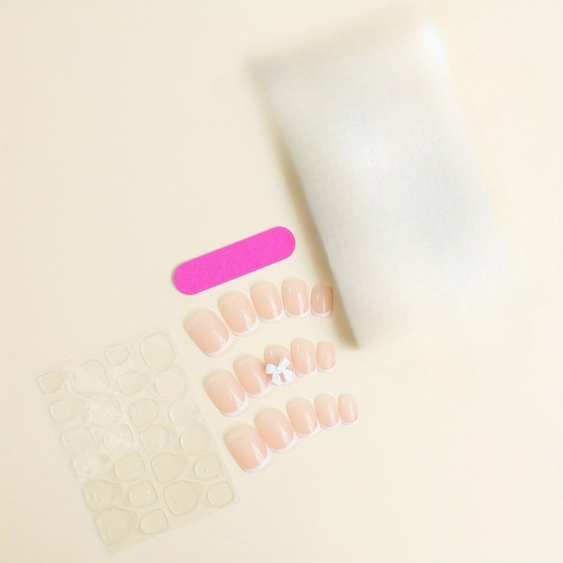 48pcs-Nude French Tip Press on Nail with 3D White Bows, Medium Square Fake Nails