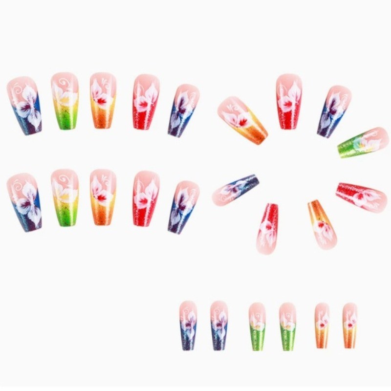 Rainbow Glitter Hibiscus Press on Nails, Long Square Gradient Flower Fake Nails
