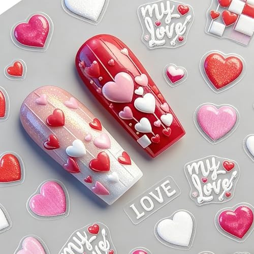 Valentine’s Day Nail Stickers for Women – 5D Heart Nail Decals, Red Pink E