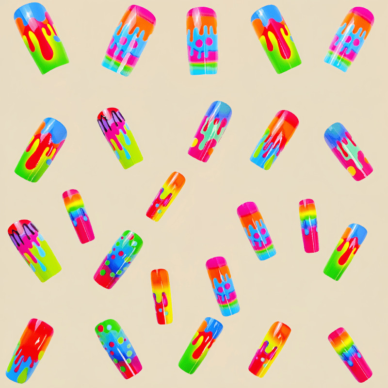 48Pcs Coffin Neon Rainbow Drip Press on Nails Trendy Party Stylish Nails