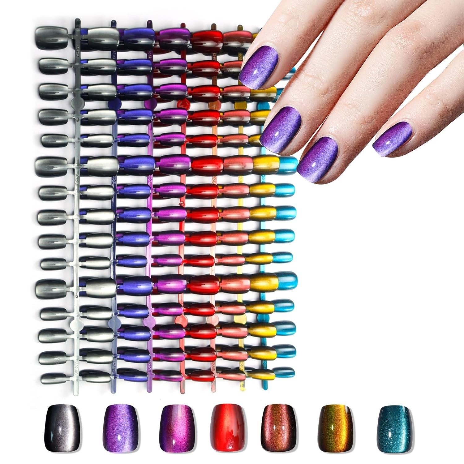 Laza 210pcs Cat Eye Press On Nails Almond 7 Colors Reusable Acrylic