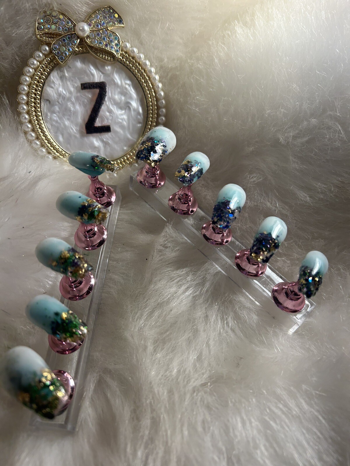 Z NAILZ! Handmade M Coffin Milky White W/ Mardi Gras Metallic Flakes Press Ons