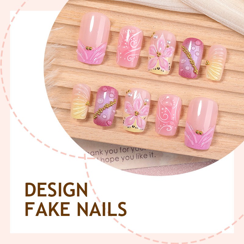 48pcs Long Square Press on Nails, Purple Pink 3D Flower Gold Charm Wedding Nails