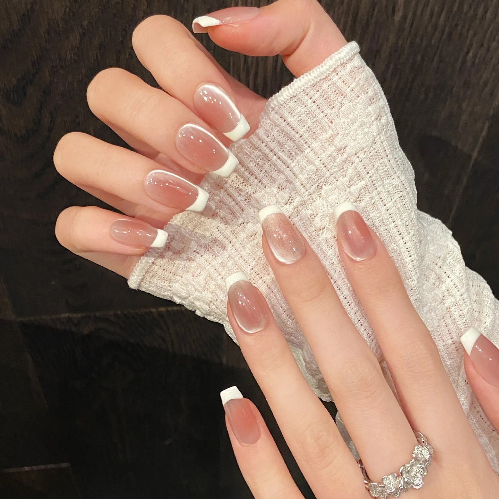 10Pcs Handmade French Cat Eye Press on Nails Ins Simple Nude Pink Sweet Girl Fak