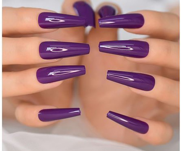 Shiny Deep Purple Long Coffin Shaped Press on Nails