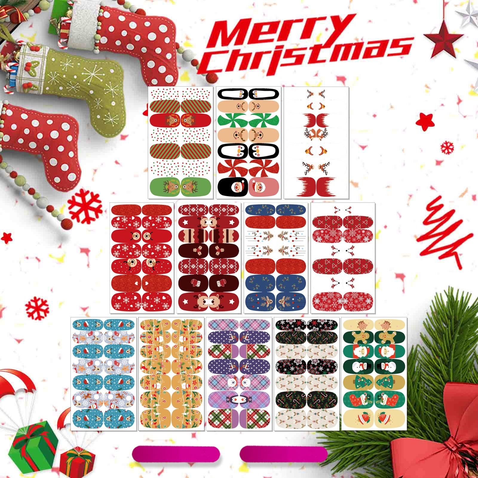 12 Sheets Christmas Nail Wraps Full Stickers Nail Polish Strips, DIY -Adhesiv…