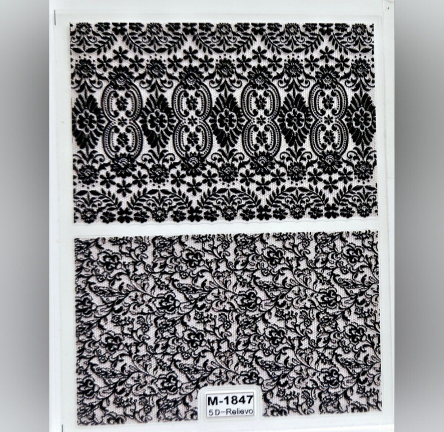 NWT 》3 SHEETS《 NAIL ART DESIGN BLACK & WHITE FAUX LACE SELF-SEAL STICKERS!