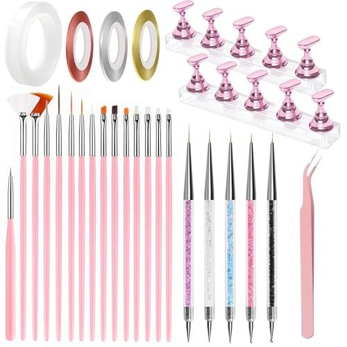 Nail Art Brushes Set, Nail Stand, Liner Pens and Dotting Tool for Nail Art