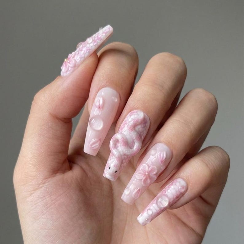 Pink Snake Press On Nails, 3D Sakura Cherry Blossom Nails, Luxury Sculpted Nails