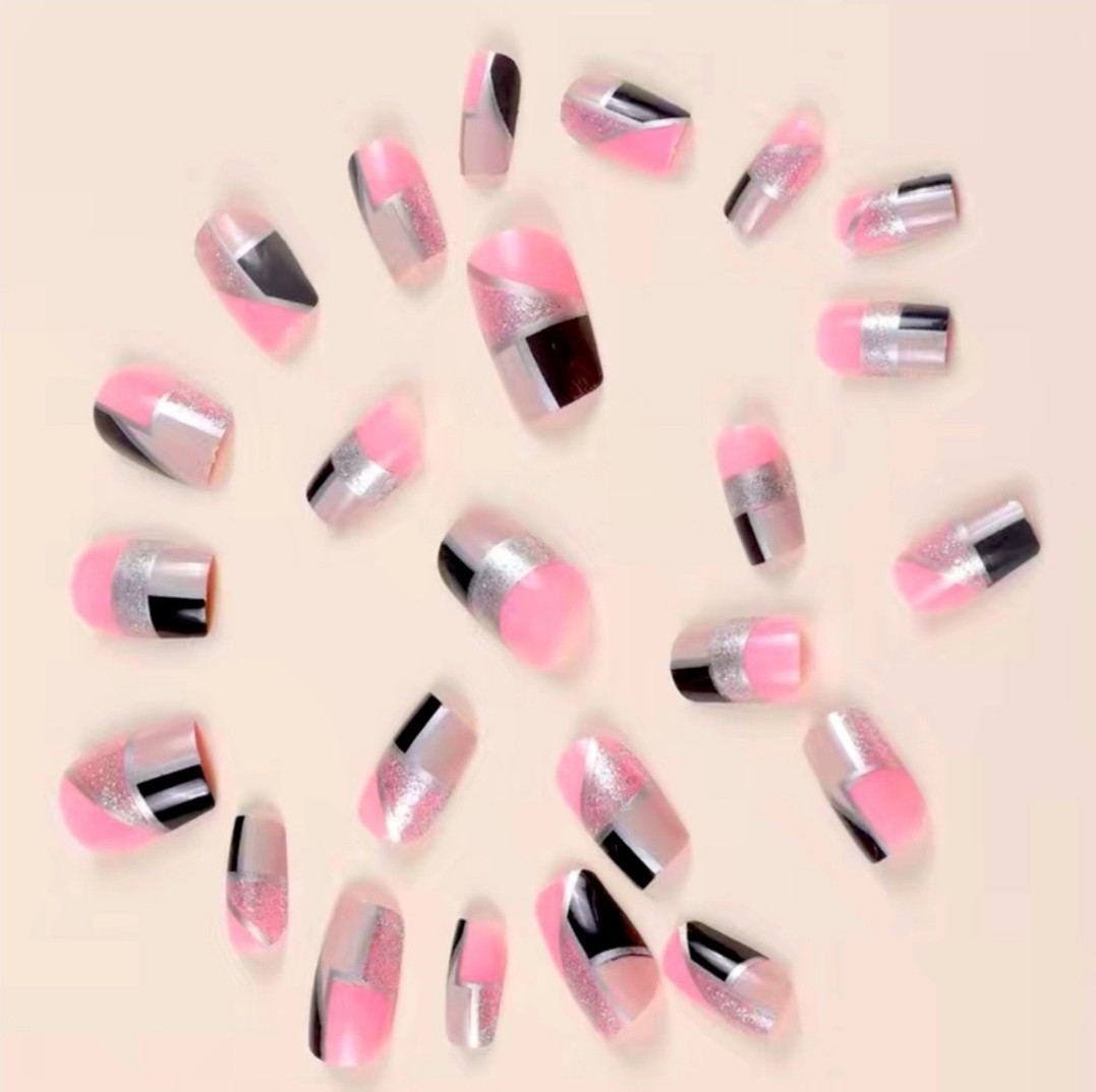 Silver, Pink & Black Press On Nails