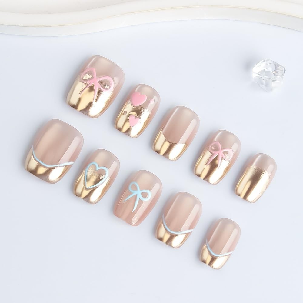 Short Press on Nails Square Glue on Nail – Pink Blue Bow Hearts Design Glossy…