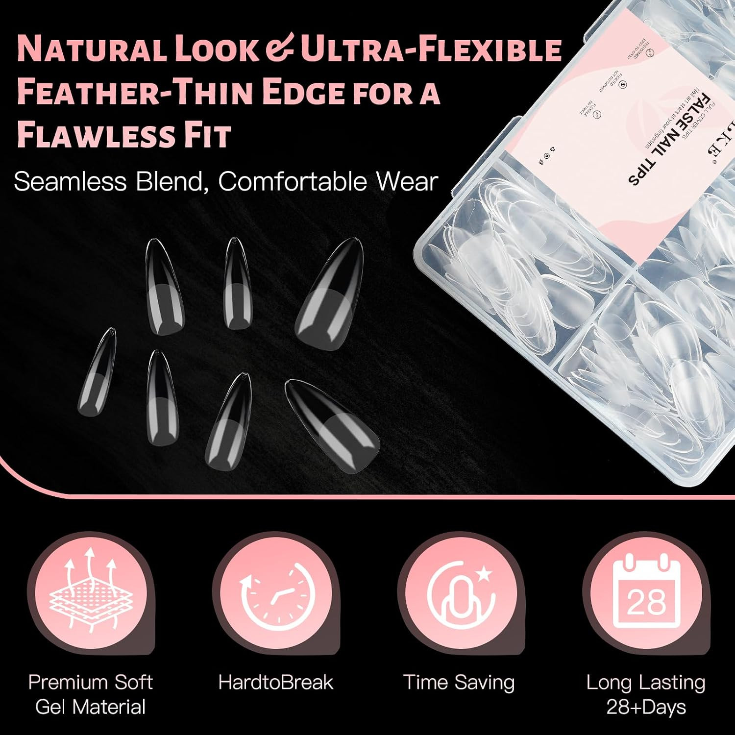 Long Almond Nail Tips: 240PCS Soft Gel Nail Tips Pre Etched Fake Nails, 12 Sizes