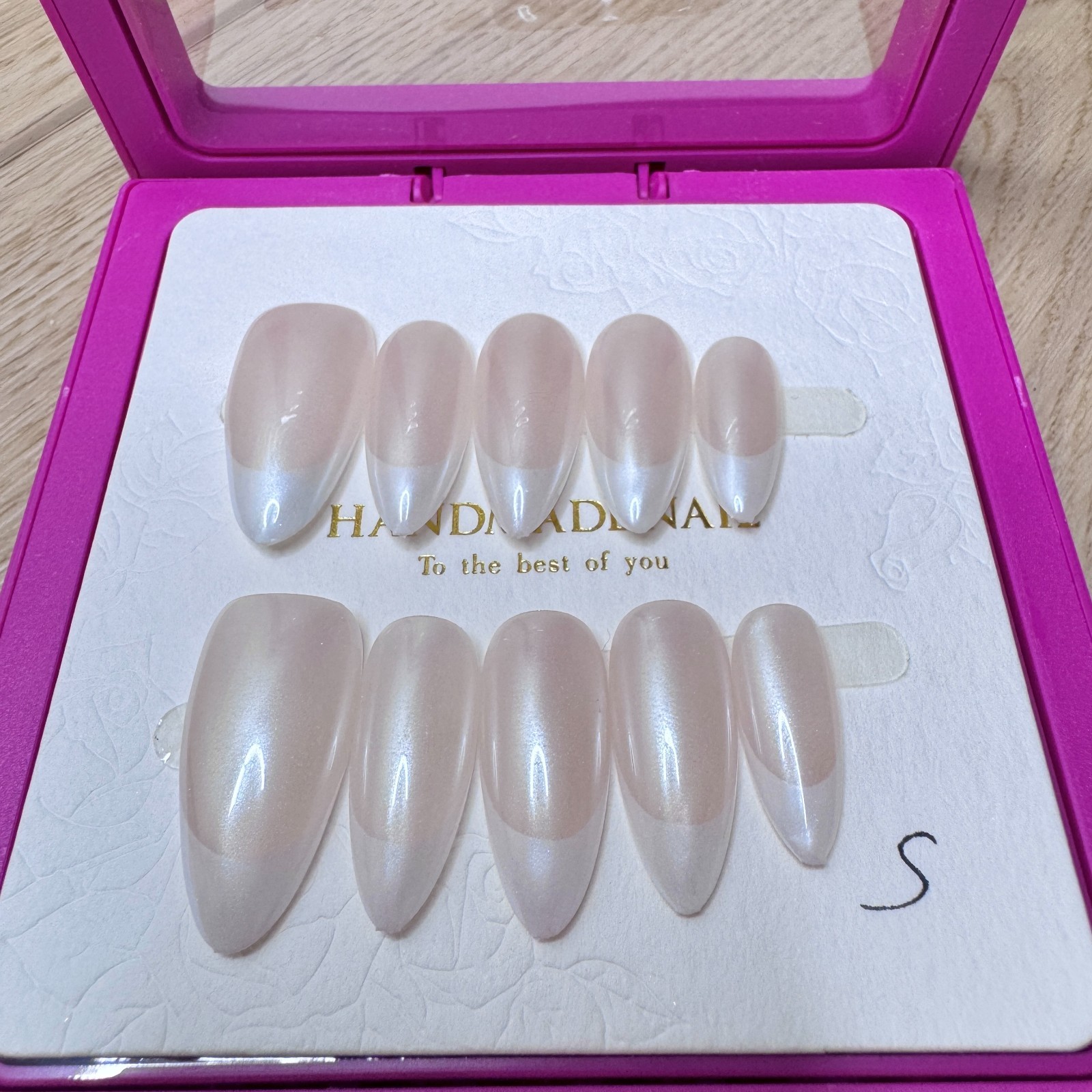 Handmade Hard Gel Press on Nail Art Kit Sz S Long Round French Shimmer Style