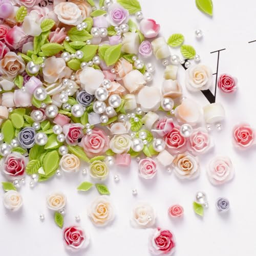 100pcs 3D Camellias Rose Flower Nail Art Charms with Nail Pearls Cute Leaves
