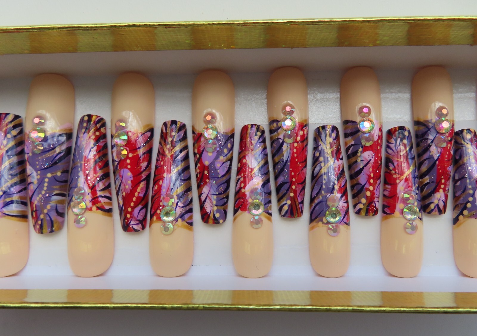 XL Red Purple Cream Gold Metalic Black Bling Abstract Tip Coffin Press On Nails