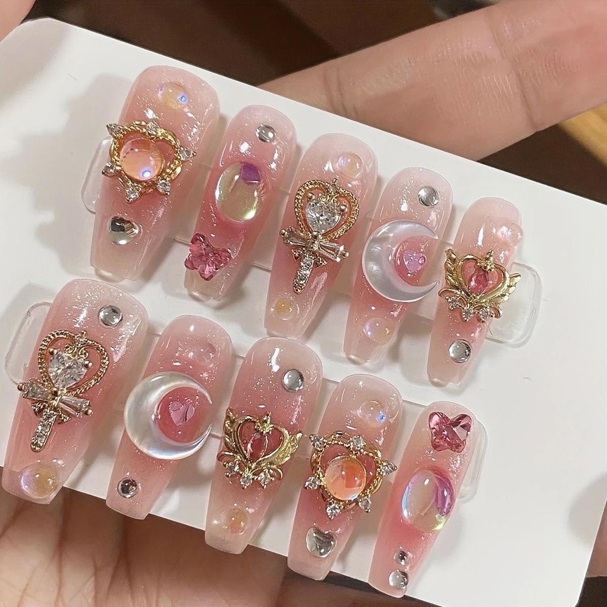 Handmade Colorful Full Stone Press On Nails Short Square Shimmery False Nails