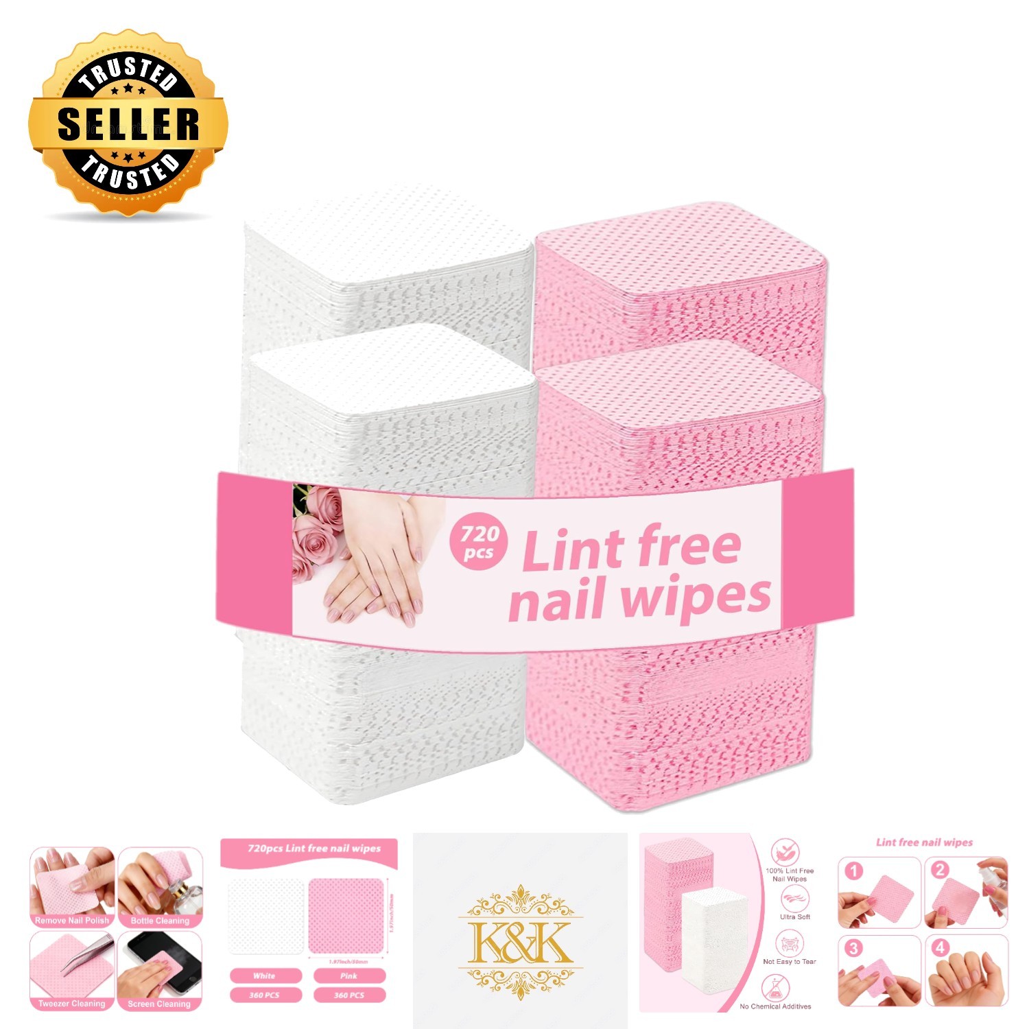 720Pcs Lint-Free Nail Wipes | Acetone-Free Polish Remover for Flawless Results