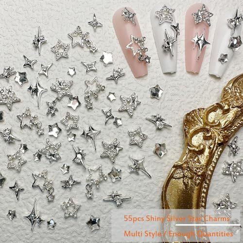 55pcs Silver Star Nail Charms Star Charms for Acrylic Nails 3D Stars Nail Gems