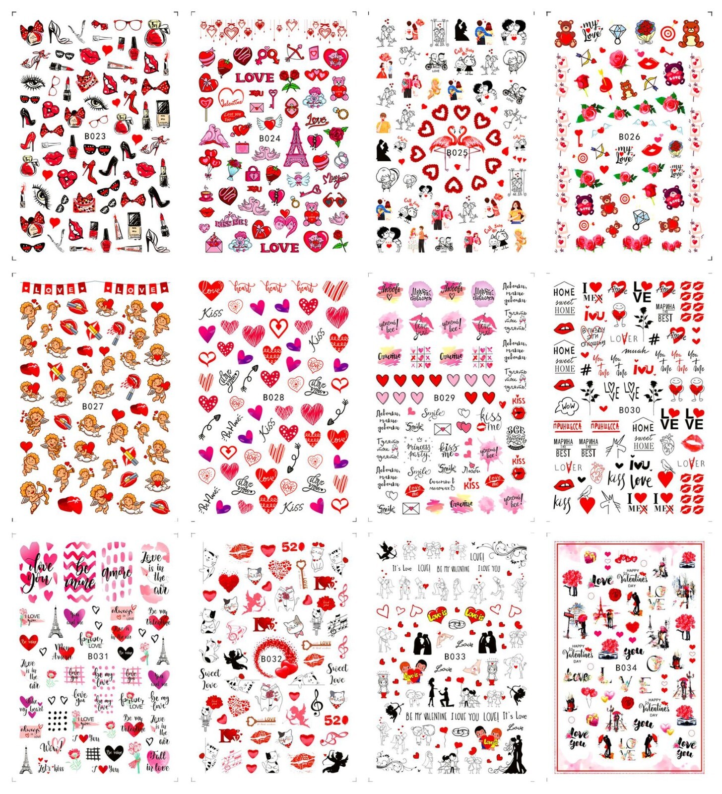12 Sheets Valentines Nail Decoration Heart Love Self-Adhesive Slider Letters NH4