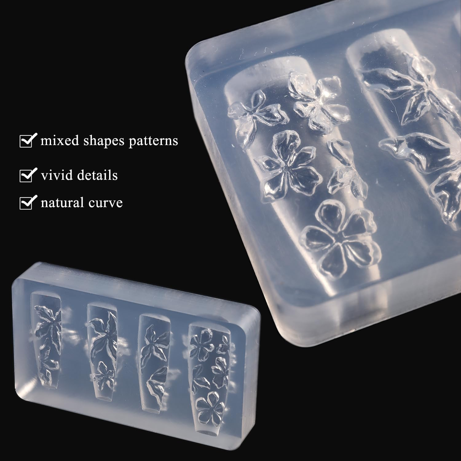 Silicone Nail Molds, 2PCS Reusable Clear 3D Flowers Nail Art Molds with Carving