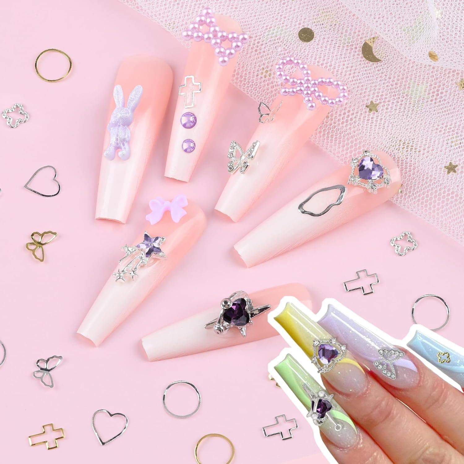 Multi Shapes Acrylic Nail Charms for 3D Nail Art, Purple Heart Flower Bow Star B