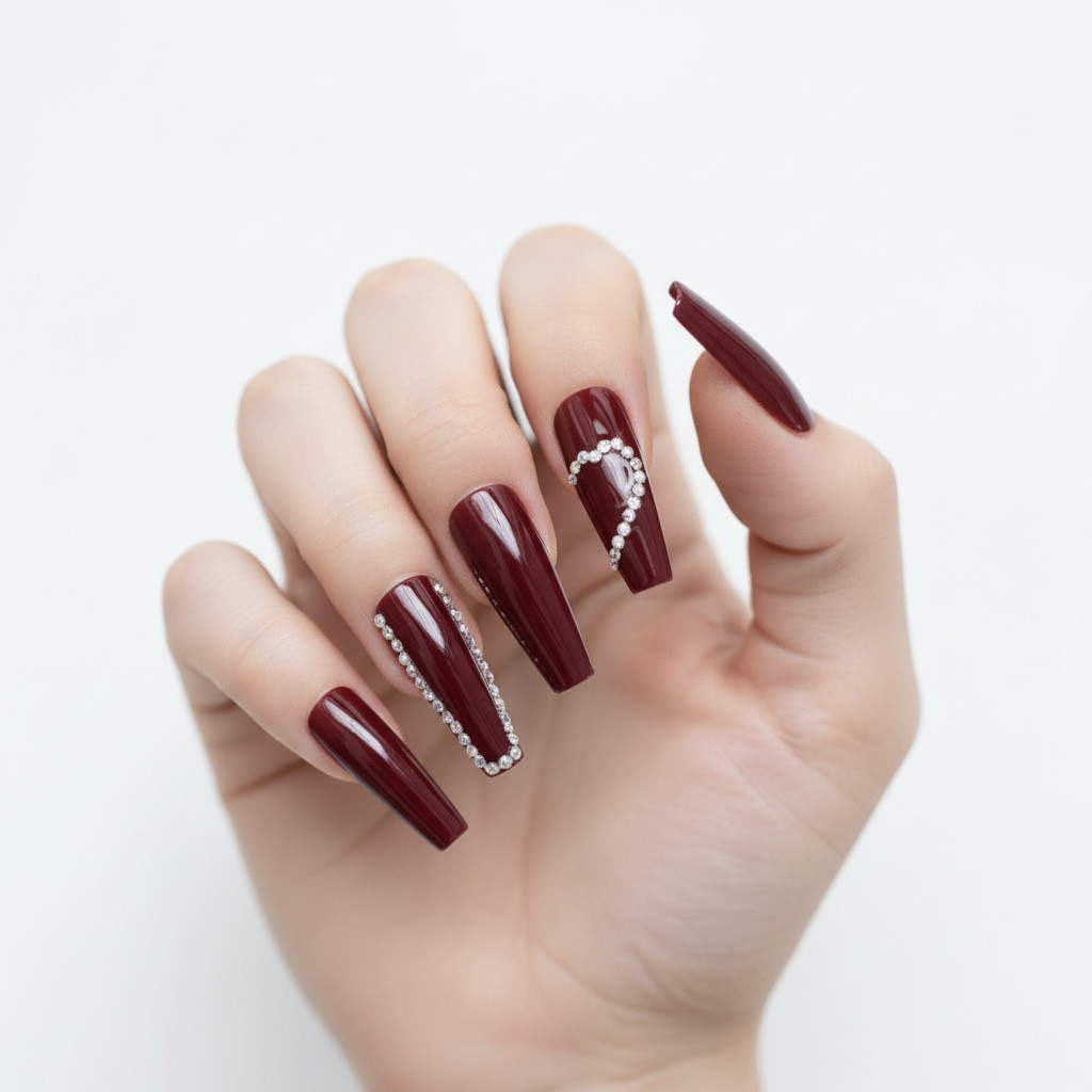Red Burgundy 3D Crystal Coffin Ballerina Extra Long Rhinestones Press On Nails