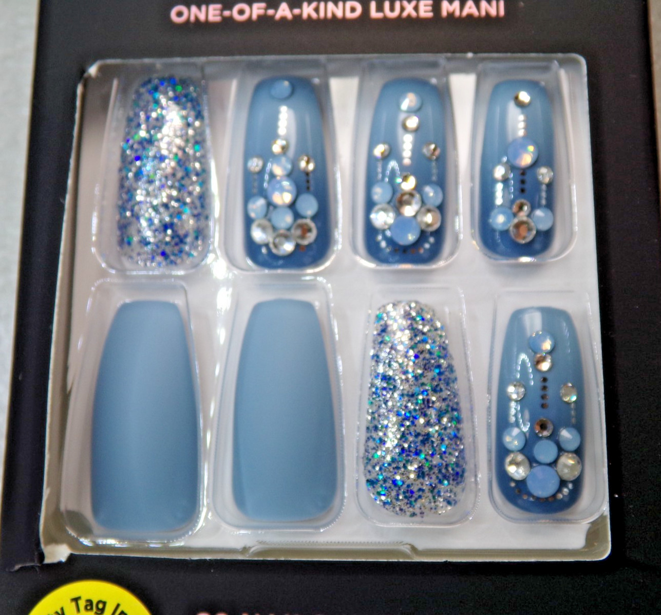 KISS Masterpiece NAILS GLUE ON LONG- Shiny & Matte Blue with Gems