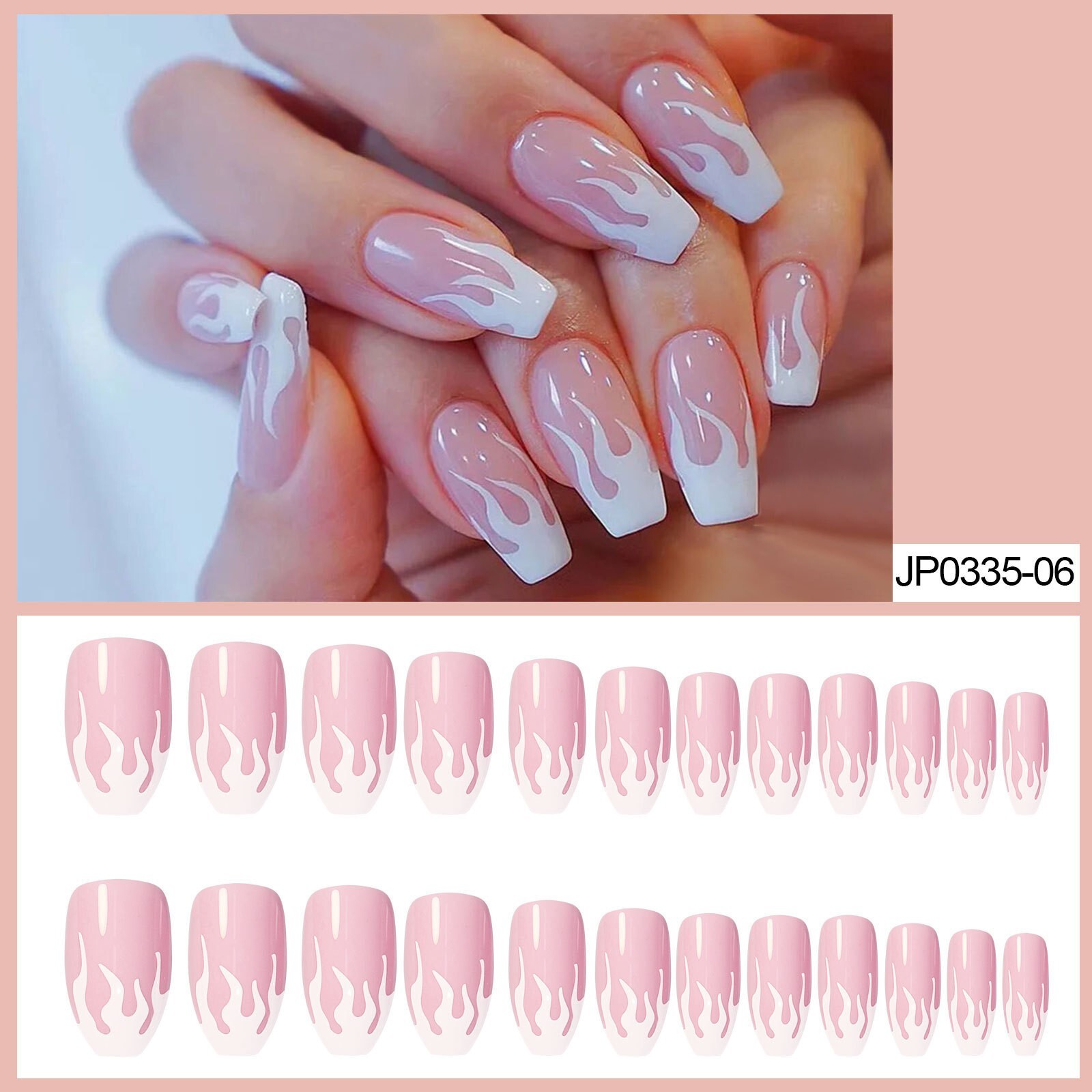 24Pcs Full Cover Pink Flame False Nail Short Ballet Press on Nails for Finger
